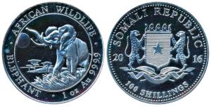 Somalia, Silver 100 Shillings, 31.1g, 2016, African Wildlife, Elephant. Uncirculated.
