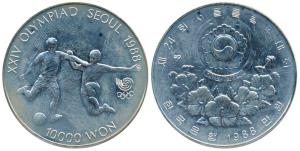 South Korea, Silver 10,000 Won, 33.62g, Soccer Olympic Games in Seoul, 1988 (KM 77). Proof