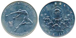 South Korea, Silver 10,000 Won, 33.62g, Gymnast Olympic Games in Seoul, 1988. (KM 74). Pro