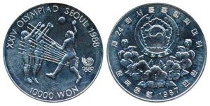 South Korea, Silver 10,000 Won, 33.62g, Volley Ball Olympic Games in Seoul, 1988 (KM 63). 