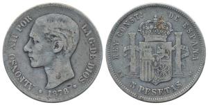 Spain, Alfonso XII 2nd portrait, Silver 5 Pesetas, 25.0g, 1878 (KM 676). About Very Fine.
