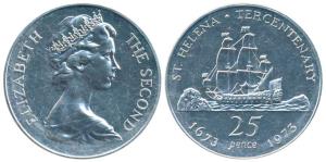 ST. Helena, Elizabeth II, Silver 25 Pence, 28.28G, 1973, 300th Anniversary of St. Helena (