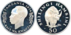 Tanzania, President J.K. Nyerere, Silver 50 Shilingi, 35.0g, 1974, Black Rhinoceros (KM 8a
