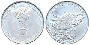 Tokelau, Silver 5 Dollars, 31.10g, Elizabeth II Yellow Fin Tuna, 2014. Matt finish, Uncirc