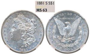 United States of America, Silver Morgan Dollar, 31.1g, 1oz, 1881 S, (KM 110). Graded by NG