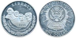 United States of America, Silver Dollar, 1991 Mount Rushmore Golden Anniversary. Proof.