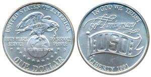 United States of America, Silver Dollar, 26.73g, 1991, 50th Anniversary of the United Serv