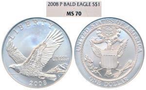 United States of America, Silver $1, 26.73g, Bald Eagle, 2008 P. Graded by NGC MS70.