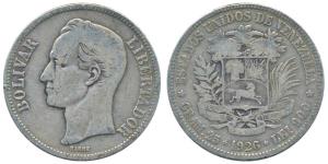 Venezuela, Silver 5 Bolivares, 25.0g, 1926, Bolivar Libertador (KM Y24). About Very Fine.