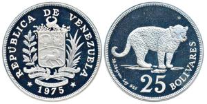 Republic of Venezuela, Silver 25 Bolivares, 28.28g, 1975, Jaguar (KM Y46). Proof.