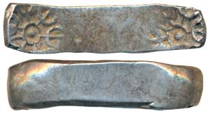 Archaic Punch Marked Coinage, attributed to Gandhara Janapada, Bent Bar, Silver 5 Shana, 1