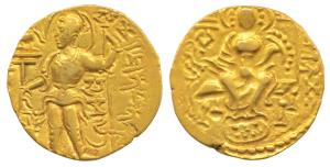 Guptas, Samudragupta (c. 335-380 AD) Gold Dinar, 7.6g, Sceptre type, obv. king nimbate sta