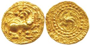 Kadambas of Hangal, Toyimadeva (1048-1075 AD), Gold Pagoda, 4.21g, obv. lion advancing rig