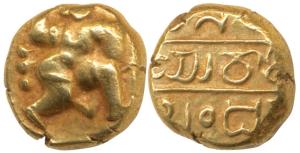 Telugu-Chodas of Nellore, Gold Pagoda, 3.35g, obv. warrior walking to right with upraised 