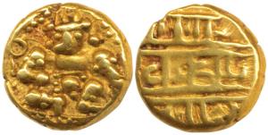 Nayakas of Chitradurga, Gold Durgi Pagoda or Hon, 3.34g, obv. Krishna as Bal Gopala, Nagar