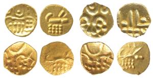 Hoysalas, Vira Raya, Gold Fanam (4), each 0.4g, obv. stylized lion standing right with cre