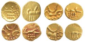 Hoysalas, Vira Raya, Gold Fanam (4), each 0.4g, obv. stylized lion standing right with cre