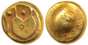 Anonymous, Hudki Gold Pagoda, 3.34g, obv.a boat like uncertain symbol; rev. possibly the G