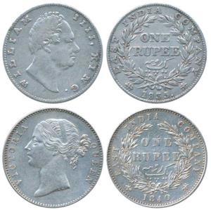 William IV, Silver Rupee, 1835; Victoria Queen, Silver Rupee, 1840, divided legend. Very F