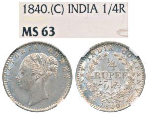 Victoria Queen, Silver ¼ Rupee, 1840, continuous legend, Calcutta Mint, Indian head, incus