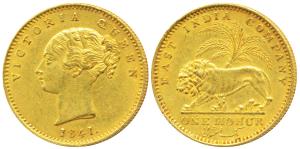 Victoria Queen, Gold Mohur, 11.66g, 1841, continuous legend, without initial on truncation