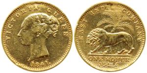 Victoria Queen, Gold Mohur, 1841, continuous legend, ‘S’ incuse on truncation for Madras M
