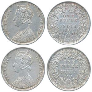 Victoria Empress, Silver Rupee, 1887 &1901, both Calcutta Mint.Extremely Fine. (2)