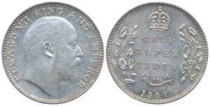 Edward VII, Silver ½ Rupee, 1907, Bombay Mint, B incuse and dot, (Prid 316).About Uncircul