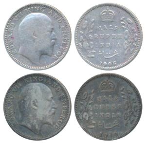 Edward VII, Silver ½ Rupee (2),1906 &1910, Calcutta Mint.Fine+ and Very Fine+. (2)