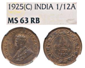 George V, Cupro-Brass, 1/12 Anna, 1925, Calcutta Mint.Graded by NGC MS63 RB.