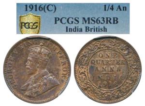 George V, Copper ¼ Anna, 1916, Calcutta Mint, (KM 512). Graded by PCGS MS63RB, Rare.