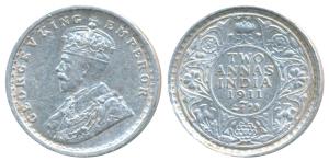 George V, Silver 2 Annas, 1911, Calcutta Mint, (KM 564). Very Fine+, Rare.