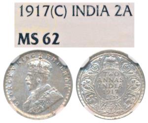 George V, Silver 2 Annas, 1917, Calcutta Mint. Graded by NGC MS62.