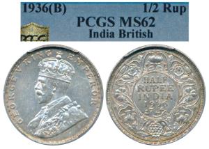 George V, Silver ½ Rupee, 1936, Bombay Mint, (Prid 350). Graded by PCGS MS62.
