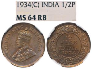 George VI, Copper ½ Pice, 1934, Calcutta Mint. Graded by NGC MS64 RB.