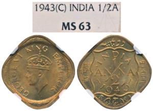 George VI, Cupro-Brass ½ Anna, 1943, Calcutta Mint.Graded by NGC MS63.
