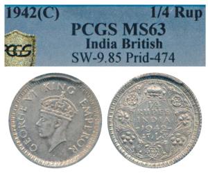 George VI, Half Silver ¼ Rupee, 1942, Calcutta Mint (Prid 474). Graded by PCGS MS63.