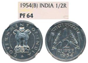 Proof Cupro -Nickel ½ Rupee, 1954, Bombay Mint. Graded by NGC PF64.