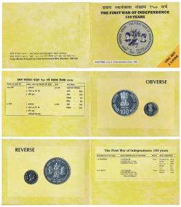 Uncirculated Set, 150 Years of First War of Independence, set of 2, Rupees 5 and 100. In i