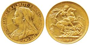 Australia, Victoria Queen, Gold Sovereign, 8g, 1897, Veiled head, ‘M’ mint mark for Melbou