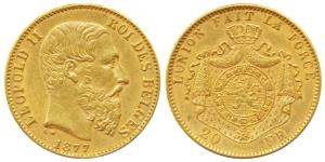 Belgium, Leopold II, Gold 20 Francs, 6.45g, 1877 (KM 37).Extremely Fine, Rare.