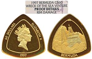 Bermuda, Elizabeth II, Gold Proof Triangle $60, 31.49g, .999 fine, 1998, Wreck of the Ship