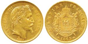 France, Napoleon III, Gold 20 Francs, 6.47g, 1863 BB, Strasbourg Mint, obv. laureate head,