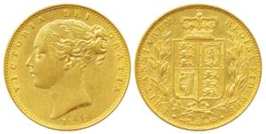 Great Britain, Victoria Queen, Gold Sovereign, 8g, 1852, Young head, Shield on rev. (KM 73