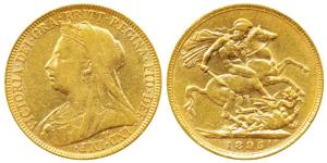 Great Britain, Victoria, Gold Sovereign, 1895, Veiled head, rev. St. George slaying a drag