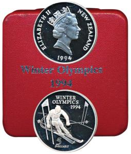 New Zealand, Elizabeth II, Silver (Dollar) $5, 31.47g, 1994, Winter Olympics (KM 96).Proof