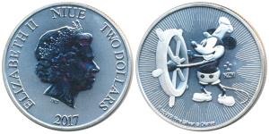 Niue, Elizabeth II, Silver $2, 31.29g, 2017 rev. an iconic image of Mickey Mouse the Walt 