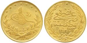 Turkey, Muhammad V (AH 1327-36, 1909-18 AD), Gold 100 Kurush, 7.2g, AH 1327, Year 4 (KM 75