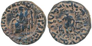 Indo-Scythians, Azes II, Copper Pentachalkon, 11.64g, obv. city goddess seated on a throne