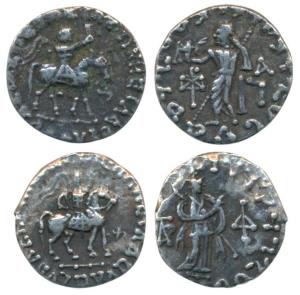 Indo-Scythians, Azes II, Silver Drachm (2), 1.6g1.65g, obv. king mounted on a horse to rig